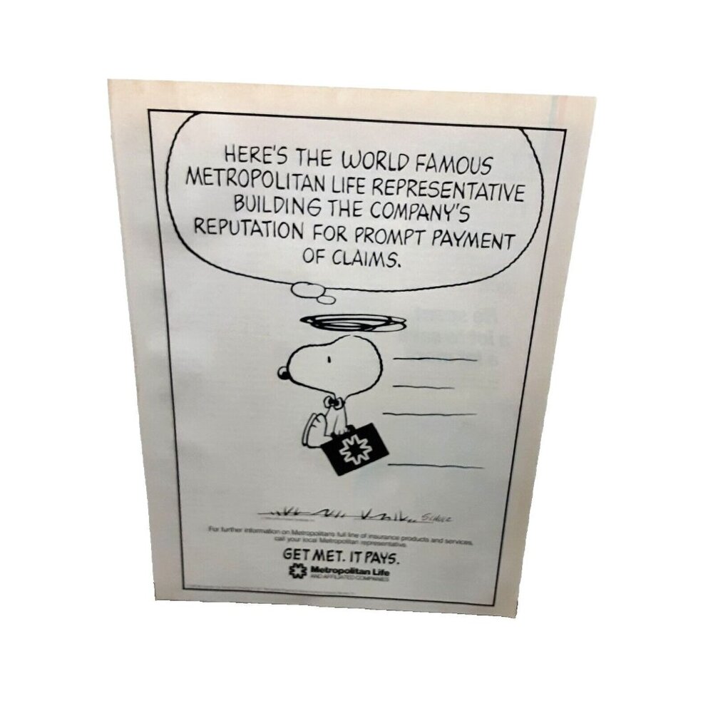 1985 Metropolitan Life Get Met It Pays Snoopy Shultz Original Print Ad